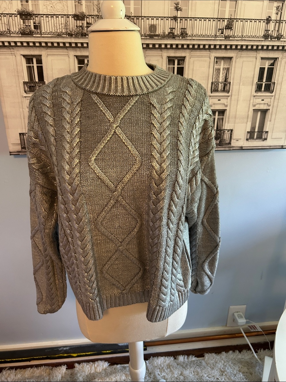 Classic Cable Knit Crewneck Sweater - Silver